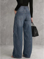 Freeacy Women's Vintage Blue Denim Wide Leg Jeans Red Flower Printed Metal Ring Hollow Out Loose Full Length Trousers Pants