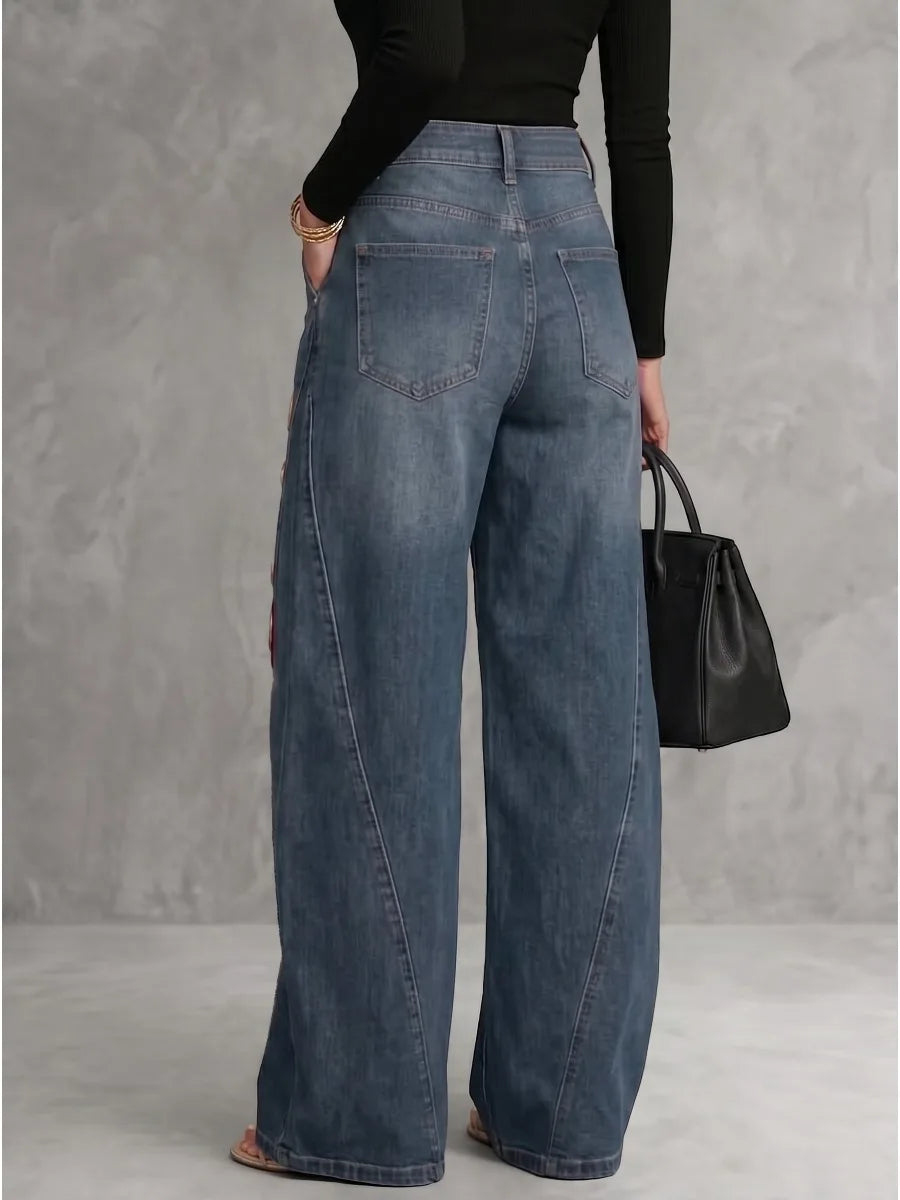 Freeacy Women's Vintage Blue Denim Wide Leg Jeans Red Flower Printed Metal Ring Hollow Out Loose Full Length Trousers Pants