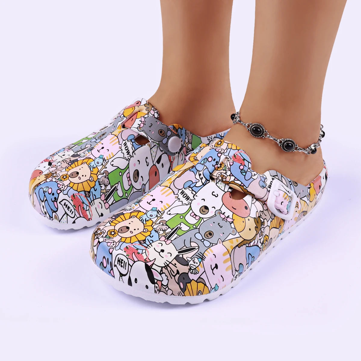 Women Flat Indoor Slippers Printing Soft EVA Soles Adjustable Strap Easy-On Nurse Shoes Comfortable Work Clog Shoes For Women