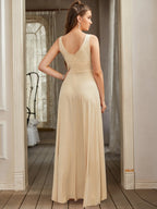 Women Evening Dresses 202 Sister Group Sexy Split V Neck Backless Sleeveless Formal Wedding Party Prom Gowns Bridesmaid Vestido