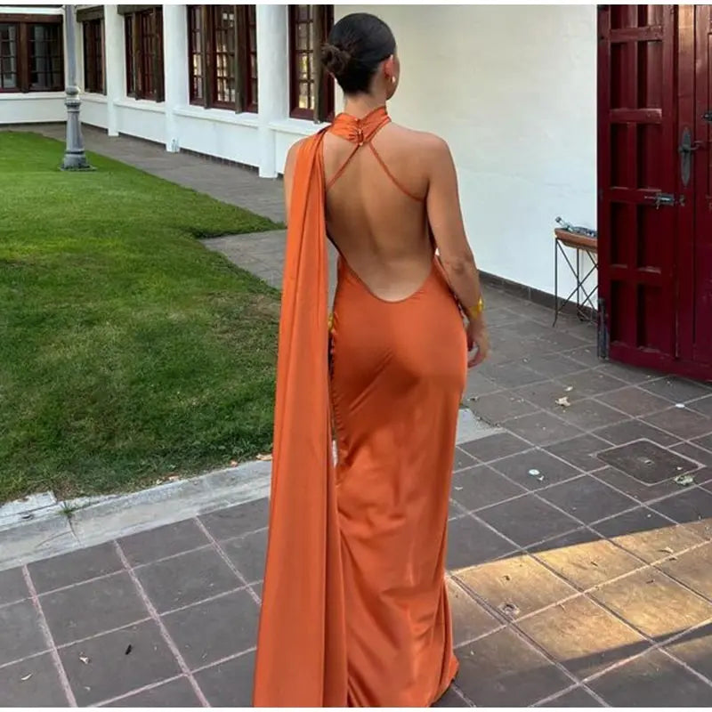 Elegant Ribbon Halter Dress Women Solid Off Shoulder Sleeveless Backless Slim Maxi Dresses 2026 Summer Autumn Party Robes Lady