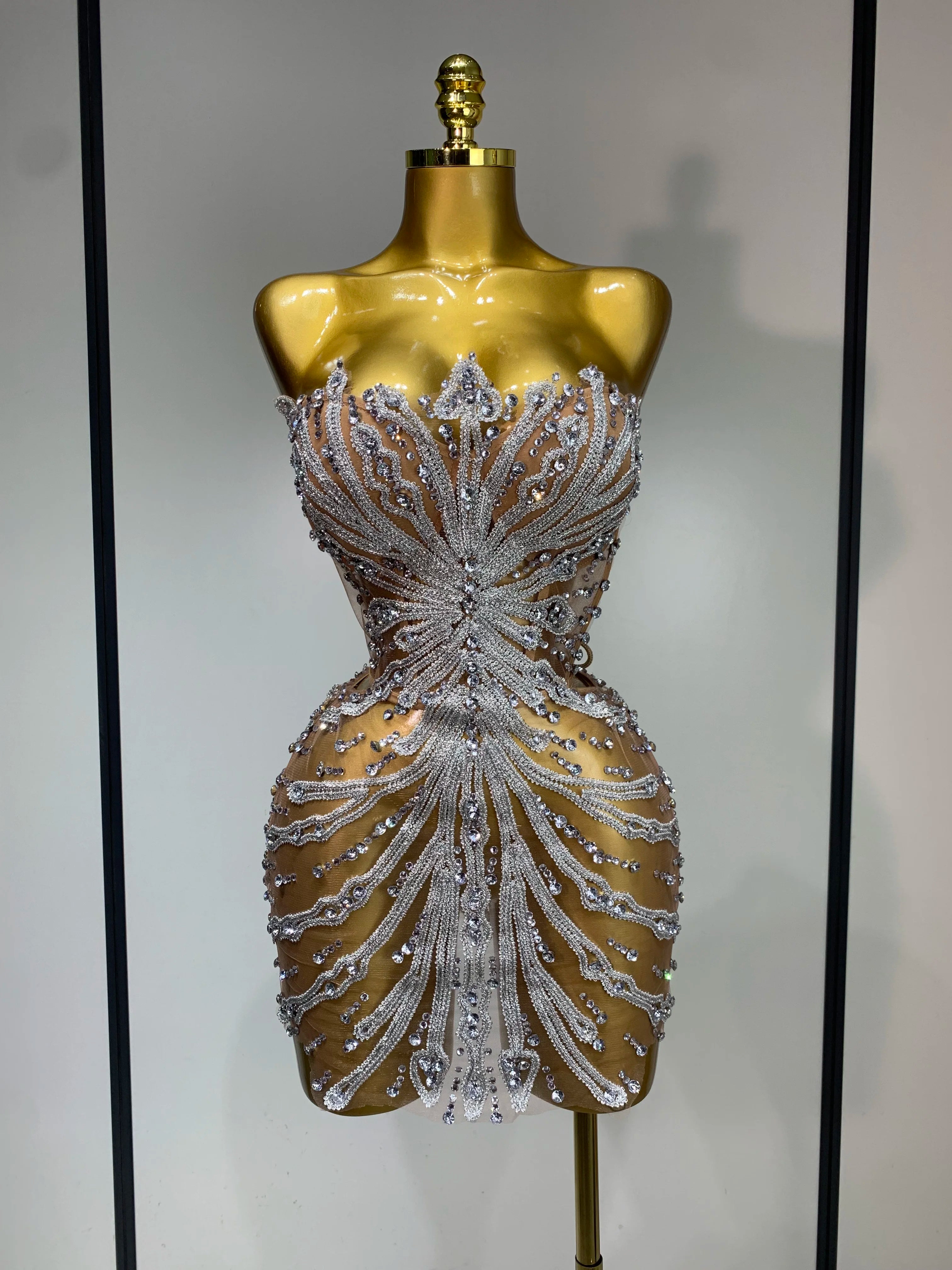 Women Sexy Strapless Rhinestones  Mini Dress Performance Costume See Through Stage Dancer Club Evening Party Birthday Dress Main image