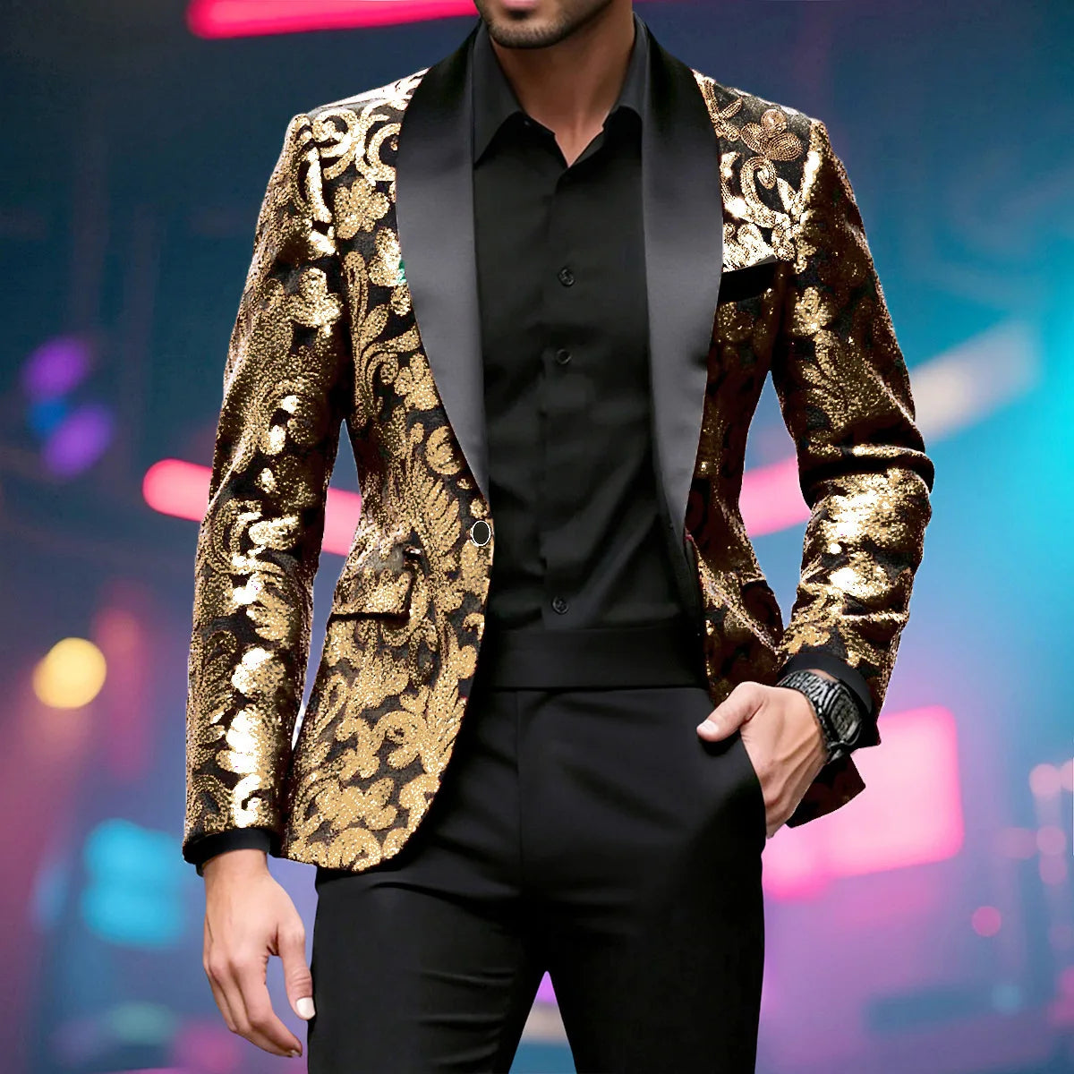 Shiny Sequin Embellished Single Button Stage Performance Outerwear in Blue Gold Green Purple Options for Men's Red Suit Jacket Main image