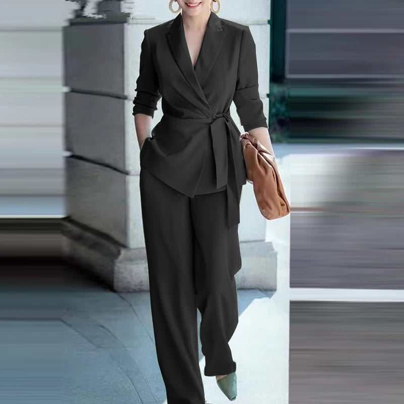 ZANZEA Elegant Office Lady Blazer Suits Women Classy Tied Waist Top and Pant 2pcs Outfit Streetwear Trend Commute Pant Sets 2025