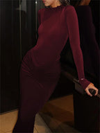 kliou Shirring Women Classic Maxi Dress Autumn New Solid Long Sleeve High Collar Body-shaping Vestidos Mujer Concise Trend Robe
