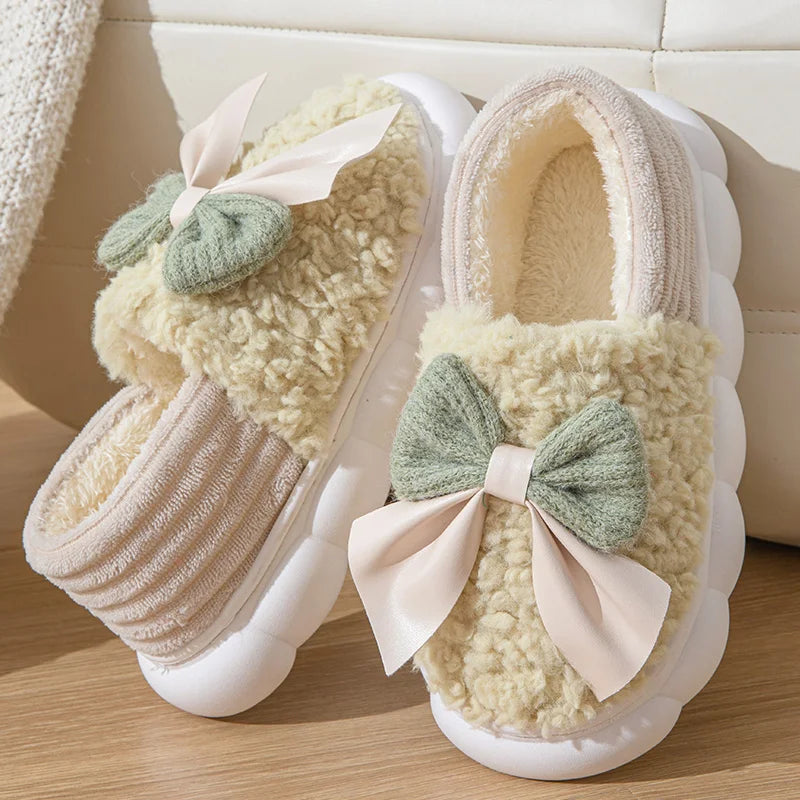 Cotton slippers for Women Autumn and Winter Thick Sole Indoor Home Warm Couples Shoes Bow Non-Slip Flat Platform Women's Slipper