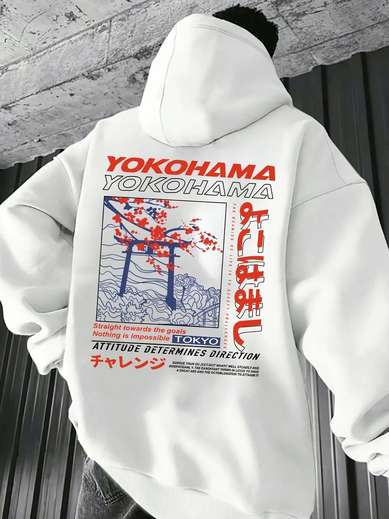 Men's autumn and winter casual fashion loose Tokyo pattern printed long sleeved hooded sweatshirt warm pullover