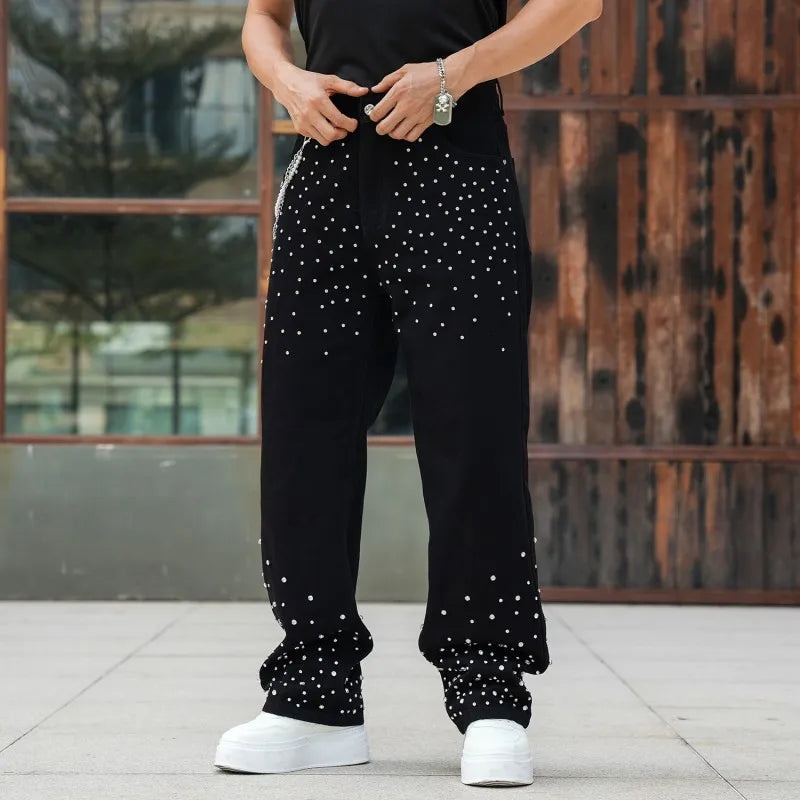 Hip Hop Men Loose Fit Shiny Diamonds Harem Pants High Street Long Straight Denim Pants Casual Cowboy Jeans Streetwear Trousers