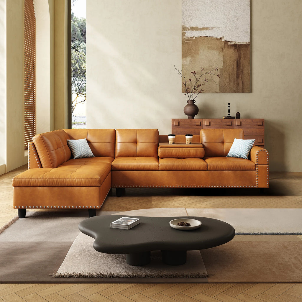 97.5" Faux Leather Sectional Sofa with Chaise Lounge, 2 Cup Holders & Pillows, 6-Seater Upholstered Tufting Corner,Stylish and C
