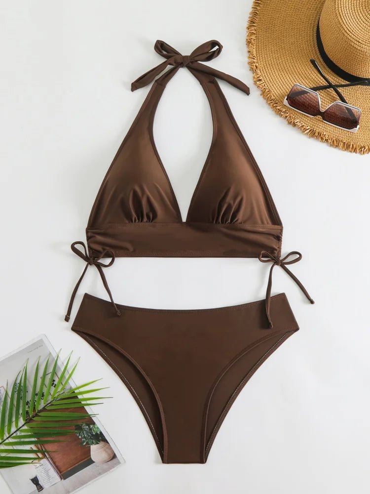 Bikini Women Swimsuit 2025 New Solid Halter V Neck Bikinis Set Sexy High Waist Swimwear Summer Beachwear Bathing Suit For Female Main image