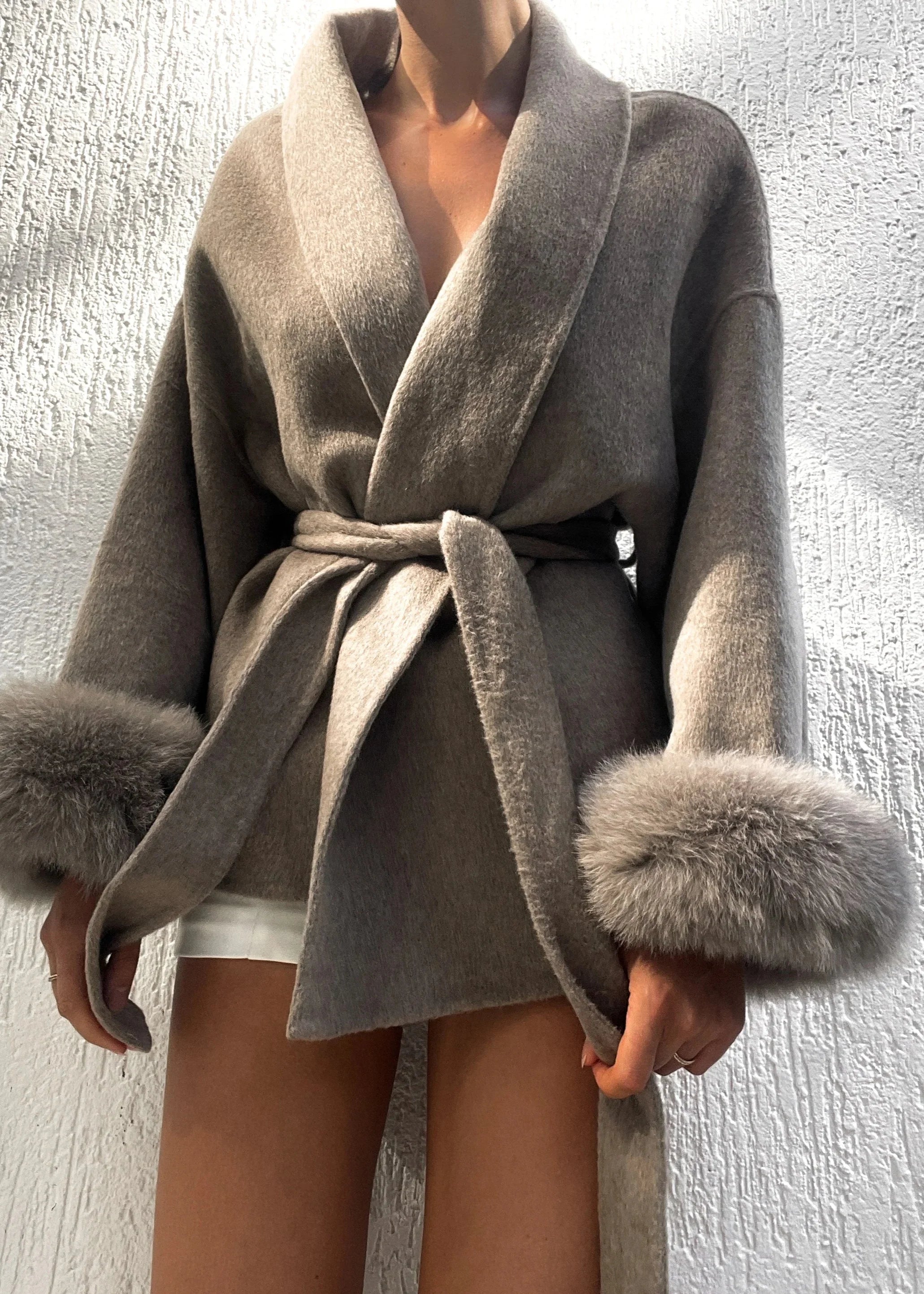 Elegant Lace Up Woolen Short Coat Solid Loose Lapel Furry Belt Long Sleeve Jacket Female 2025 Autumn Winter Lady Chic Cardigan