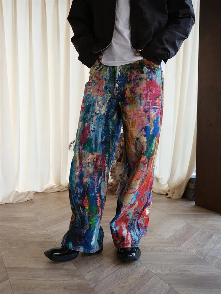 2025 Ropa Y2K Streetwear Graffiti Painting Baggy Jeans Pants For Men Designer Clothes Colorblock Kanye Wide Leg Denim Trousers