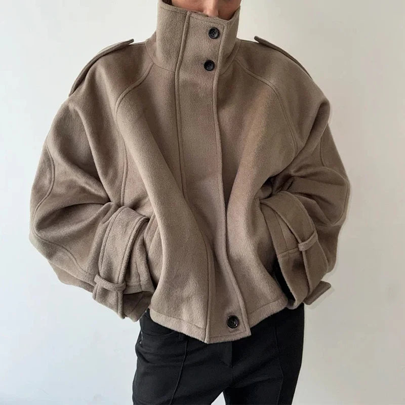 Casual Solid Loose Jackets Women Fashion Full Sleeve Single Breasted Stand Collar Short Coats Female 2025 Autumn Lady Outwears