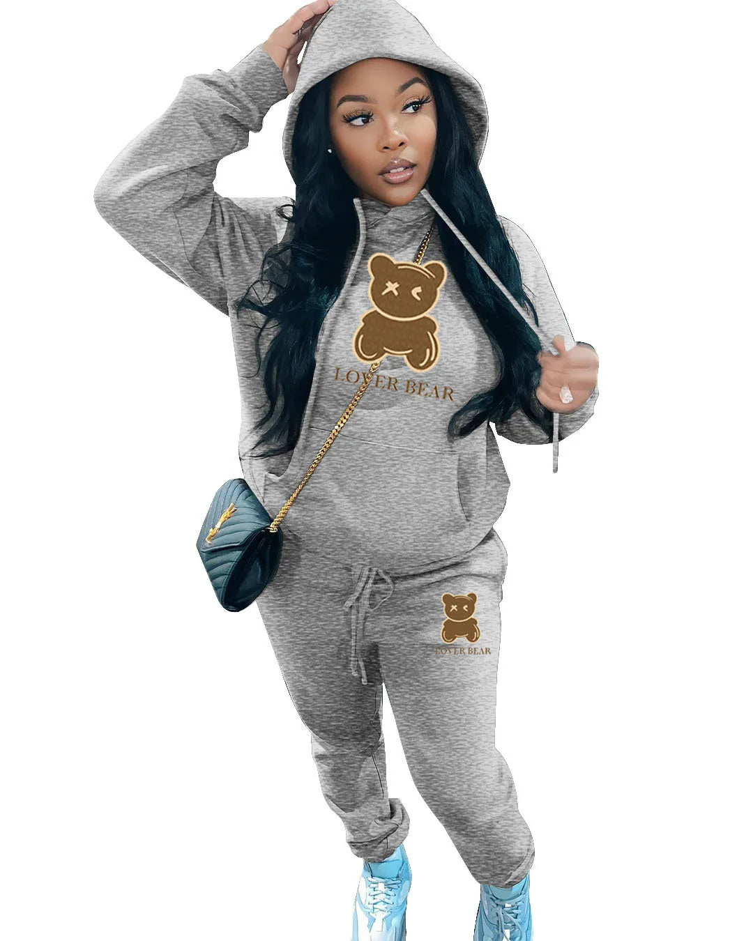2 Piece Set Women Outfit Letter Bear Print Hooded Neck Hoodies Sweatshirt Pants Tracksuit 2024 Plus Size Streetwear Casual Suit