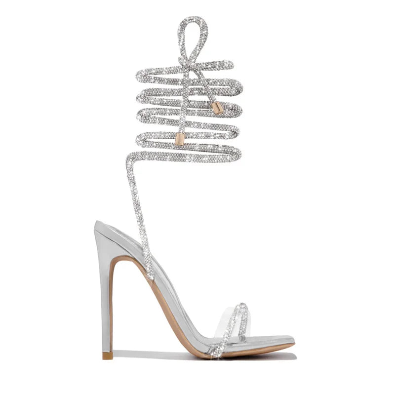 Liyke Sexy Gold Crystal Ankle Cross Strap Sandals Women Summer Party Wedding Banquet Shoes Fashion Open Toe Club Stripper Heels
