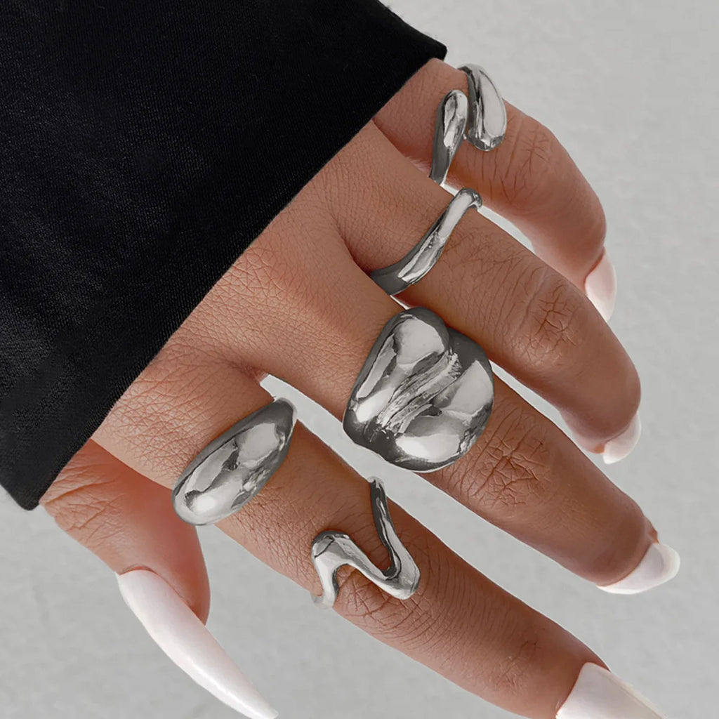 15Pcs/Set Exaggerated Metal Irregular Lines Water Droplet Smooth Rings for Women Men Punk Retro Boho Fashion Jewelry Gift