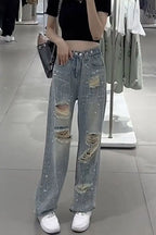 Female Cowboy Pants with Rhinestones Women's Torn Jeans High Waist Shot Wide Leg Trousers Summer Unique Shiny Original Pant 90s