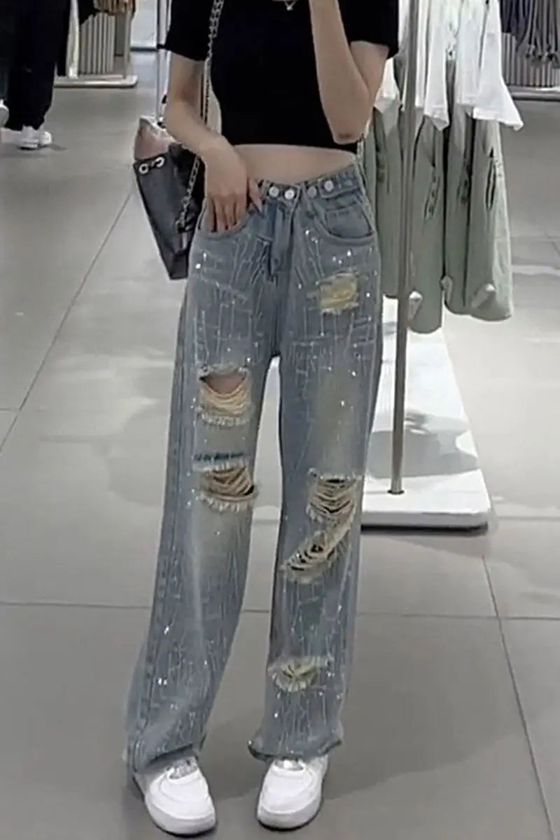 Female Cowboy Pants with Rhinestones Women's Torn Jeans High Waist Shot Wide Leg Trousers Summer Unique Shiny Original Pant 90s
