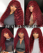 99J Burgundy Curly Wig with Bangs Human Hair Brazilian 200 Density Water Wave Wear and Go Glueless Red Colored Wigs For Women