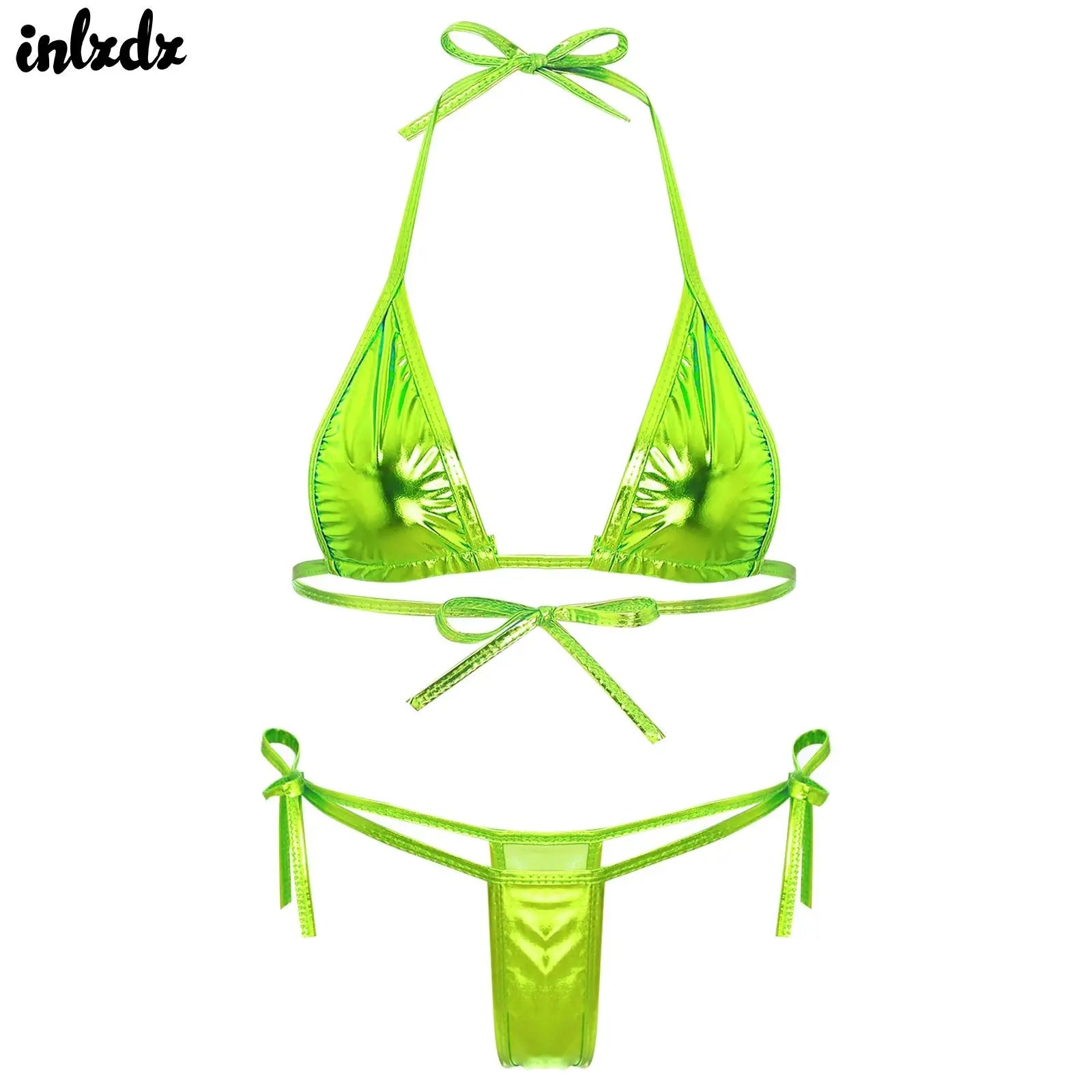 Womens Brazilian Micro Bikini Swimsuit Biquini Set Lacing Non-Padded Triangle Cup Bra Top with G-String Metallic Shiny Swimwear Main image