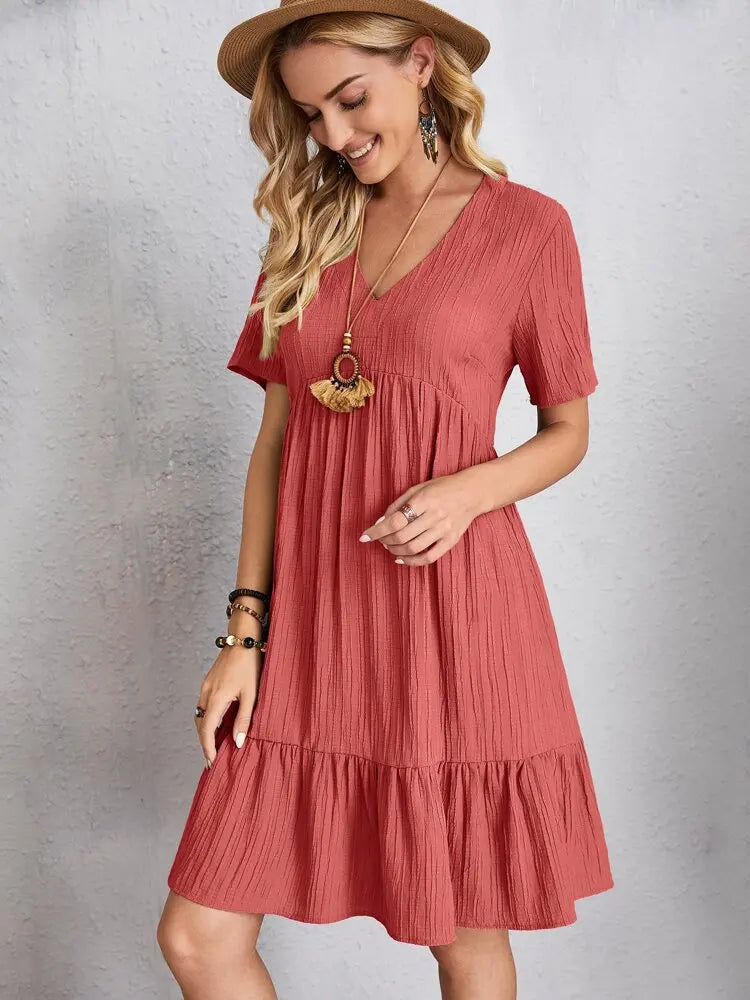Elegant Solid V Neck A Line Dress 2024 New Summer Ruffles Loose Mini Dress Casual Short Sleeve Beach Party Vestidos Streetwear