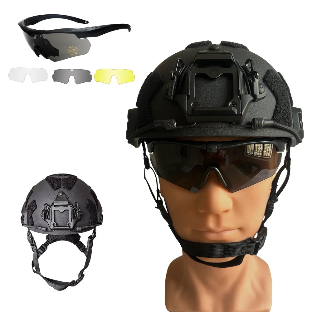 Military Tactical Helmet Set - Multi-Lens Goggles & Full Face Mask, Riot Airsoft CS Protective Gear for Outdoor Sports