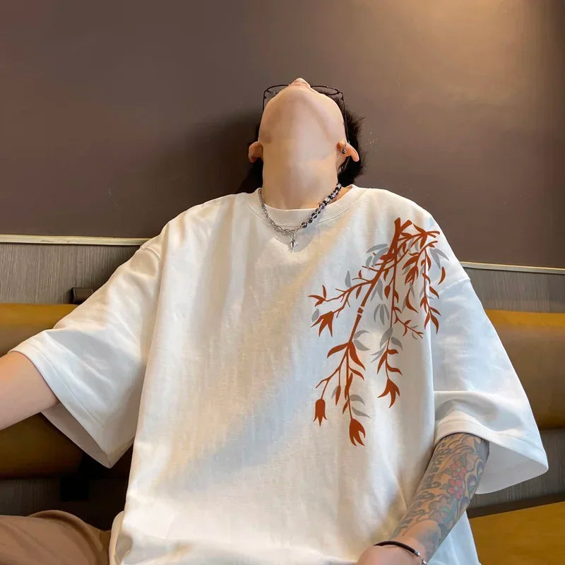 Men's Oversized T-shirts Mens Cotton T Shirt White 5XL Casual Summer Wear Fashion Bamboo Print Tee Shirts for Men Clothing Main image