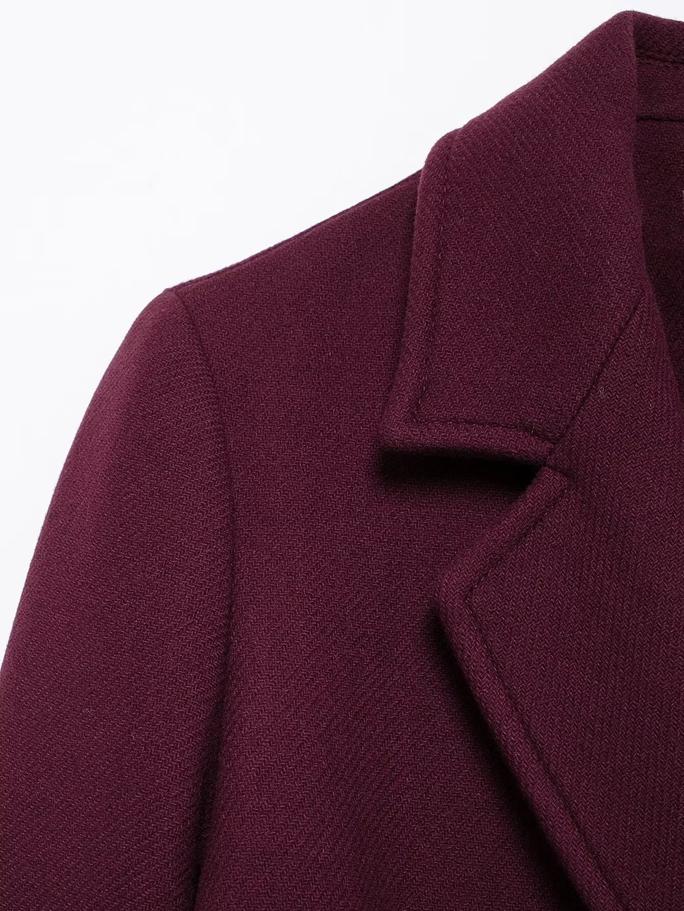 HH Women Fashion Burgundy Woolen Coat Double Breasted Long Sleeve Lapel Blends Jacket Autumn Winter High Street Outerwear