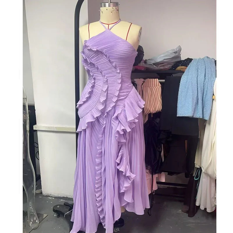 Chic Elegant Lotus Edge Maxi Dress Slim Fit Backless Lace Up Halter Robes Sleeveless Party Vestidos 2026 Nw Lady Vacation Gowns