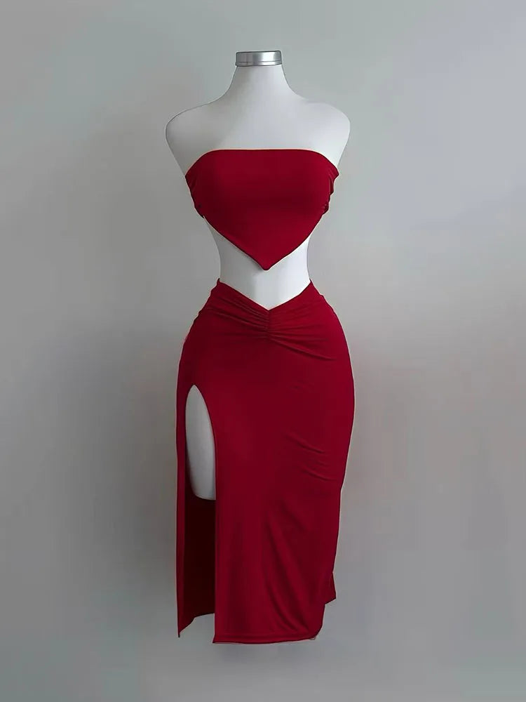 Strapless Backless Crop Top High Waist Skirt 2 Piece Set Women Summer Sexy Slim Fit Split Midi Dress Tube Suits Party Club Sets