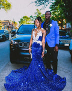 Royal Blue Sequin Mermaid Prom Dress with White Lace Applique Deep V Neck Long Train Formal Evening Gown for Graduation Party