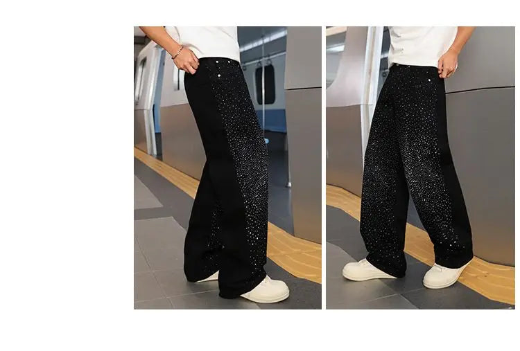 Spring/Summer Rhinestone Straight Leg Jeans Retro Loose Fit Slimming Pants Casual Korean Style Long Pants