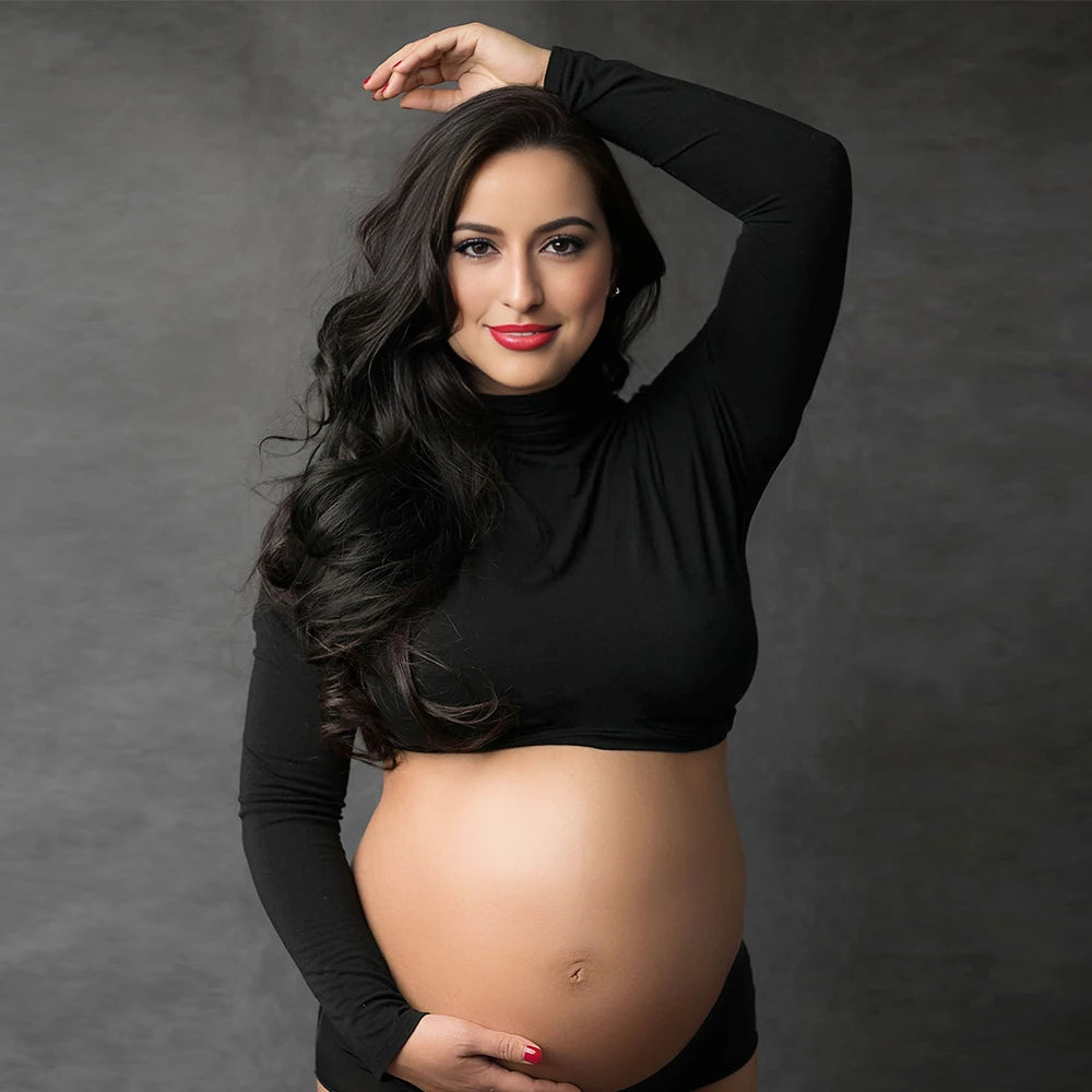Maternity Long Sleeve T Shirts Womens Mock Neck Seamless Slim crop Tops For Pregnant photo shoot Main image