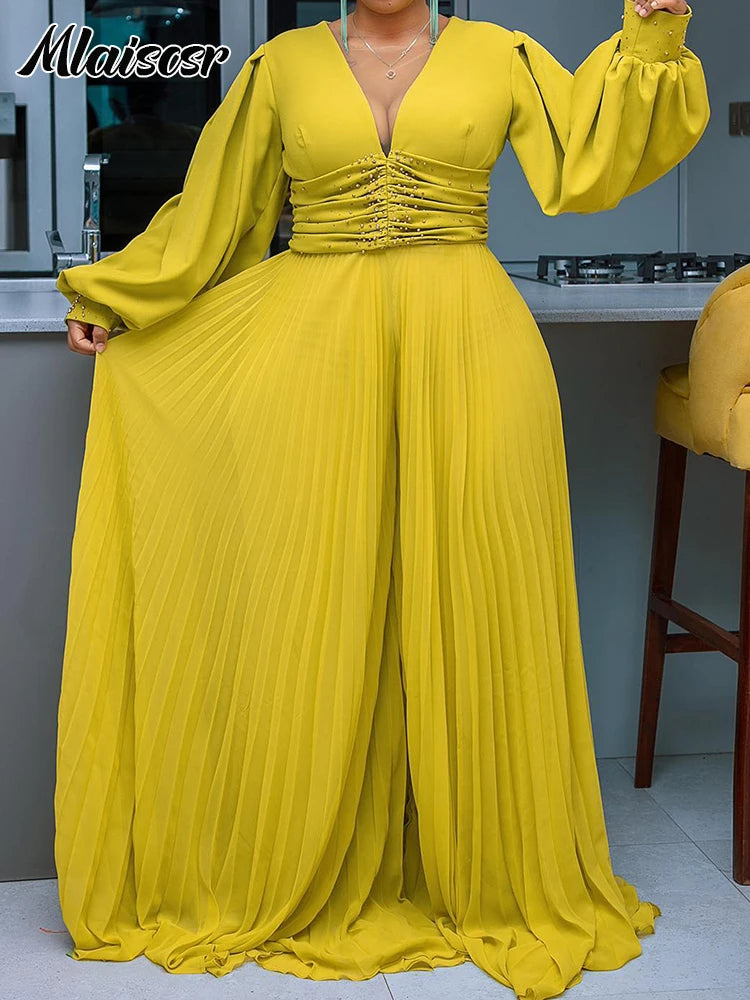 Mlaiscsr Elegant Evening Party Jumpsuit Long Sleeved Waist Pearl Bead Mesh Loose Wide Leg Pleated Long Dinner One Pieces Rompers Secondary image