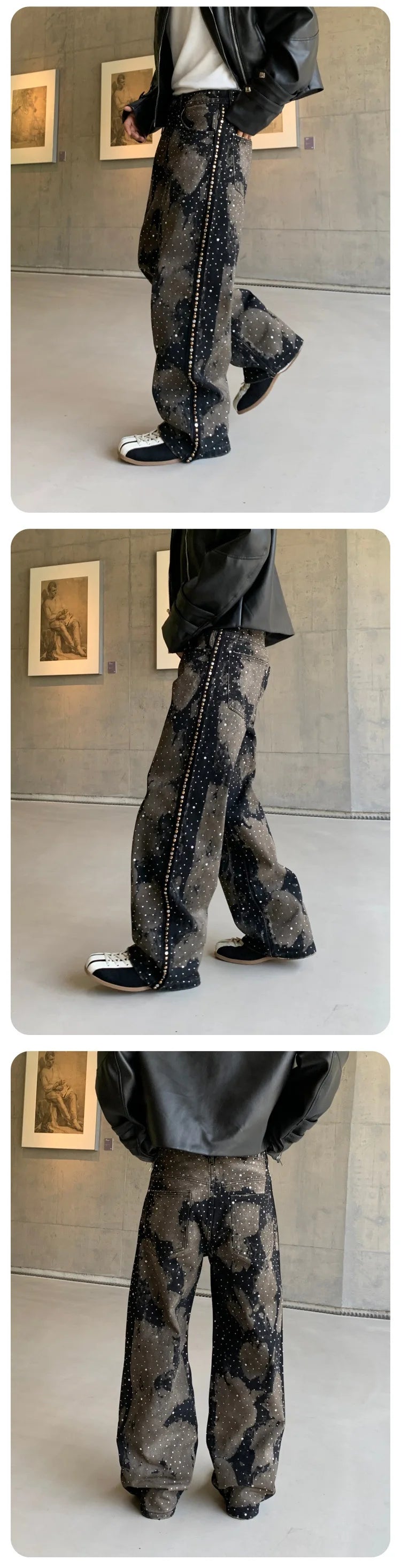 Pants Denim Men Jeans Wide Leg Long Pant Vintage Loose Hot Drilling High Waist Straight Trousers Y2k Streetwear Lace Up Spring