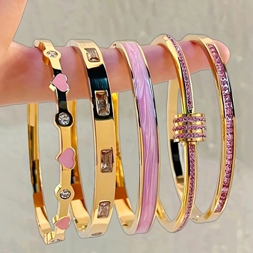 ZAKOL 5pcs/1pcs Pink Crystal Zircon Inlaid Stainless Steel Bracelet Charm Stacked Bracelets Fashion Non-fading Jewelry Gift Main image