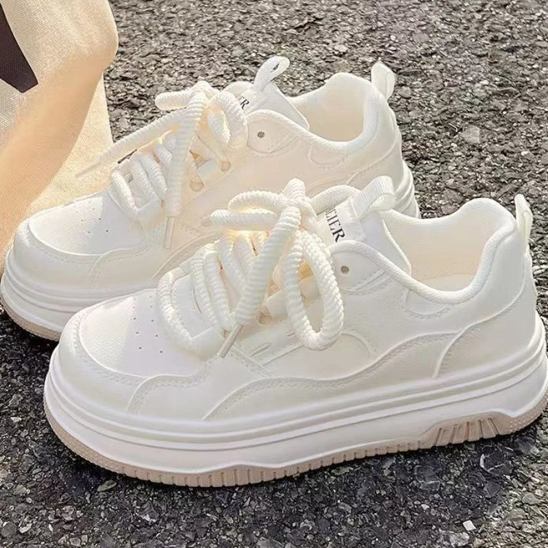 Round-toe Lace-up Casual White Thick-soled Vulcanized Shoes Seasonal New Comfortable Flat-soled Fashion Sneakers Main image
