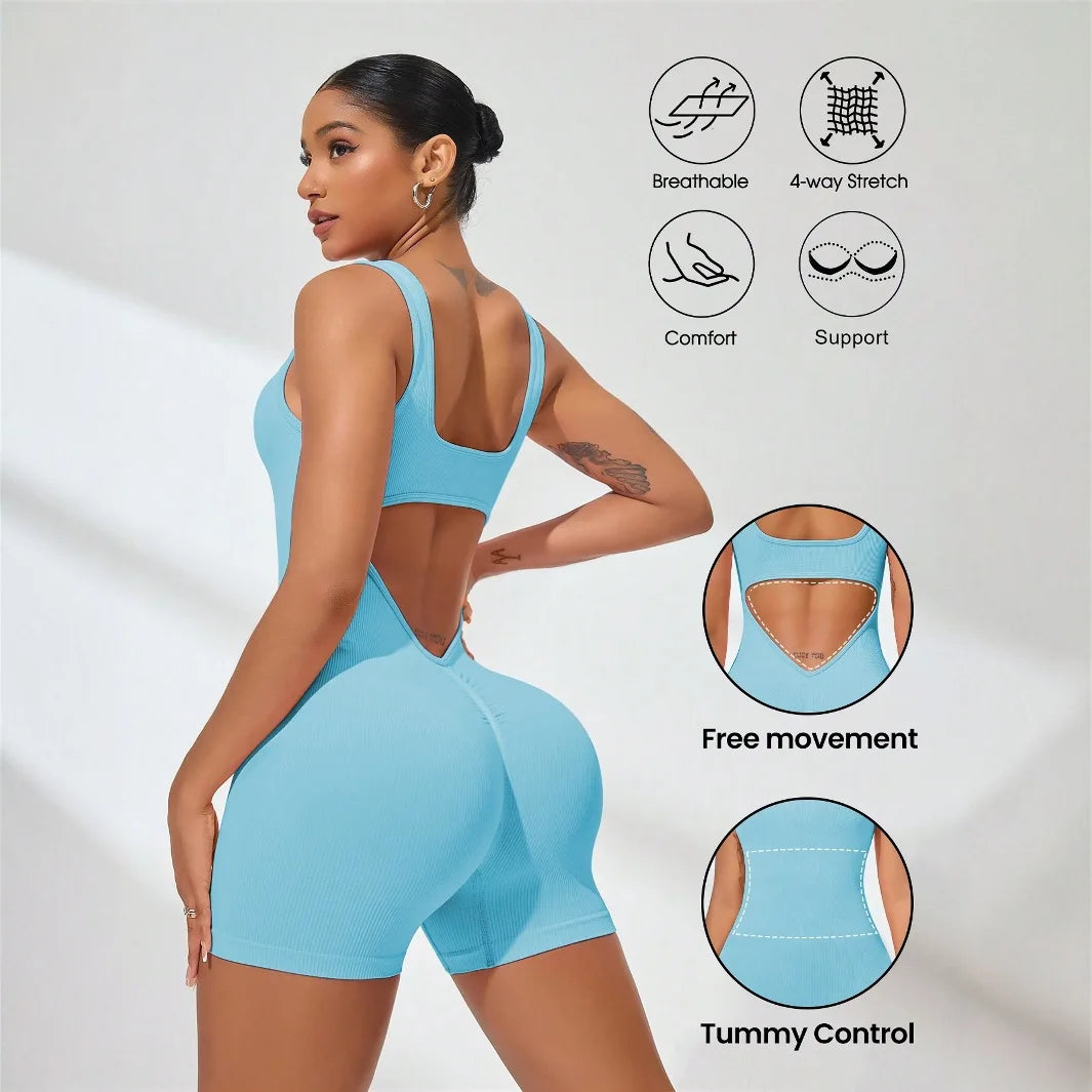 Sexy Backless Women Yoga Rompers U Neck Sleeveless Threaded Jumpsuit Solid Color Elastic Bodysuit Without Bust Pads Streetwear Secondary image