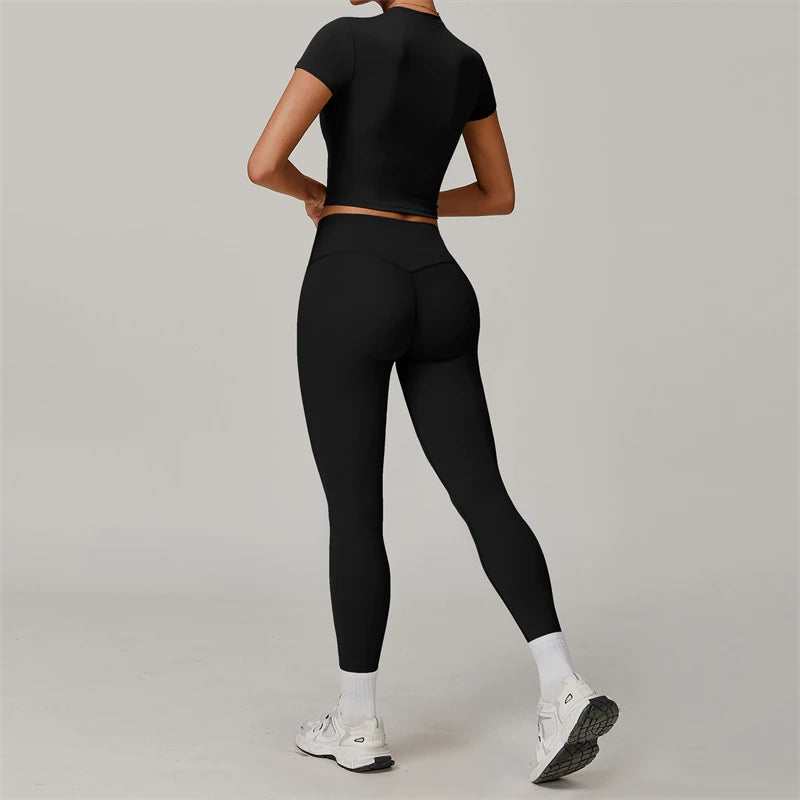 2 Pieces Women Yoga Set Workout Sportswear Gym Clothing Fitness Short Sleeve Crop Top High Waist Leggings Sport Suits