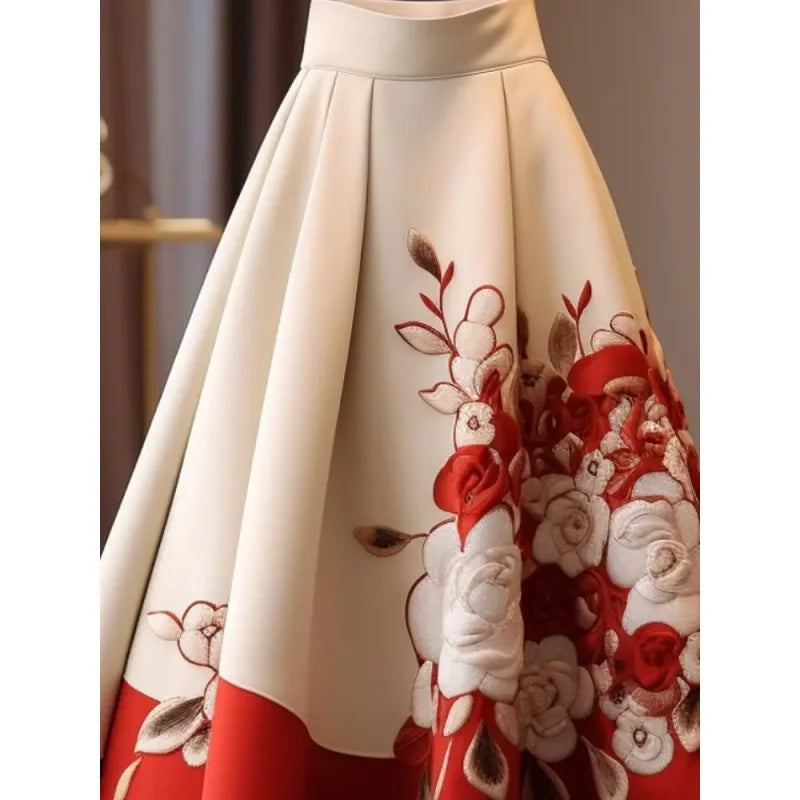 Vintage Red Flower Print Skirt for Women Y2k Slim Waist Mid-length Loose Faldas Mujer 2026 Spring New Skirt for Women Secondary image