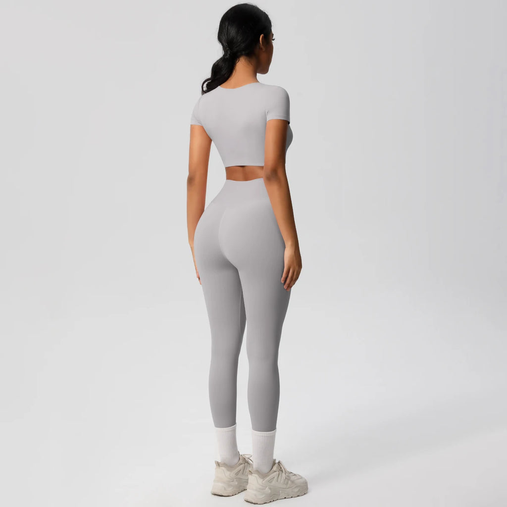 2PCS Woman Gym Sports Yoga Set Knitted Slim Workout Top Short Sleeve Quick Drying Legging Fitness Pants Running Sports Yoga Suit