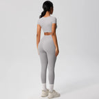 2PCS Woman Gym Sports Yoga Set Knitted Slim Workout Top Short Sleeve Quick Drying Legging Fitness Pants Running Sports Yoga Suit