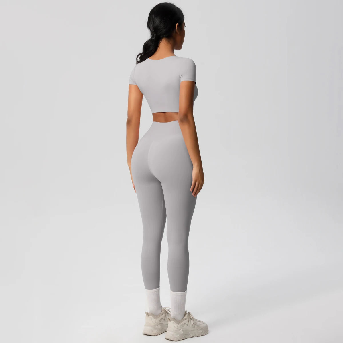 2PCS Woman Gym Sports Yoga Set Knitted Slim Workout Top Short Sleeve Quick Drying Legging Fitness Pants Running Sports Yoga Suit