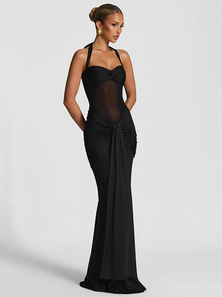 kliou Patchwork Elegant Women Maxi Dress Classic Sexy Sheer Ribbons Halter Backless Bodycon Female Trend Festival Evening Wear