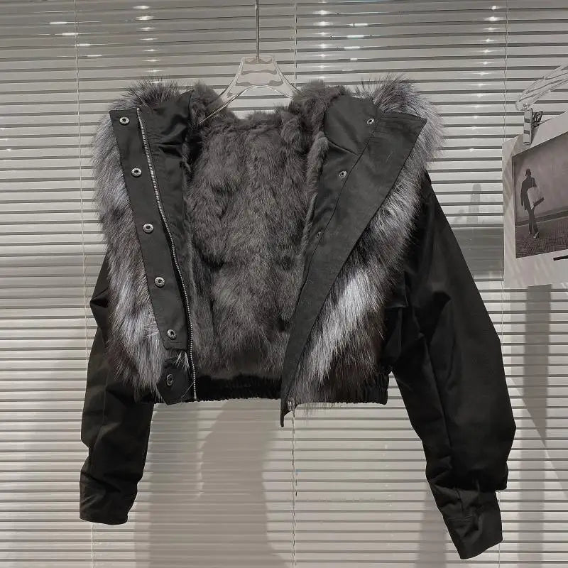 Big Fox Fur Collar Removable Rabbit Liner Short Coat Jacket for Women Winter Elastic Hem Hooded Jackets Wram Fashion Outwear