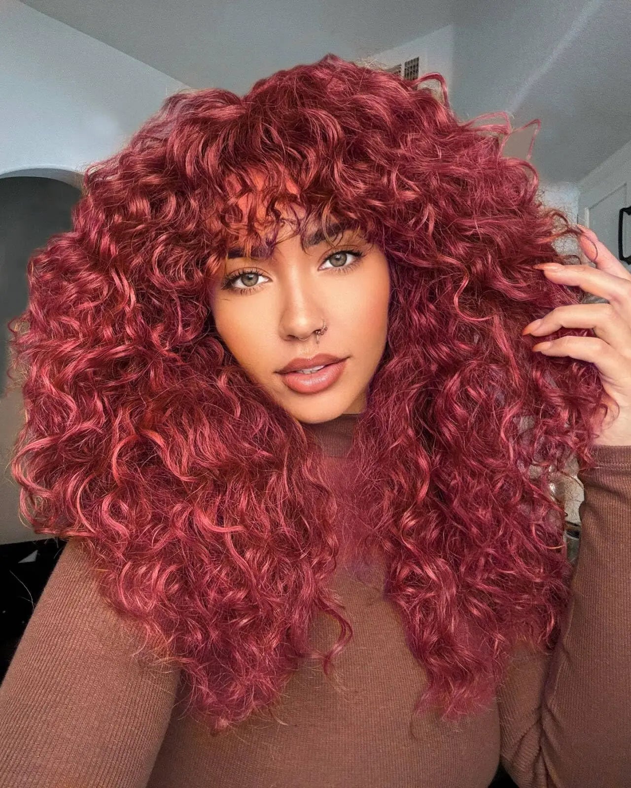 99J Burgundy Curly Wig with Bangs Human Hair Brazilian 200 Density Water Wave Wear and Go Glueless Red Colored Wigs For Women Main image