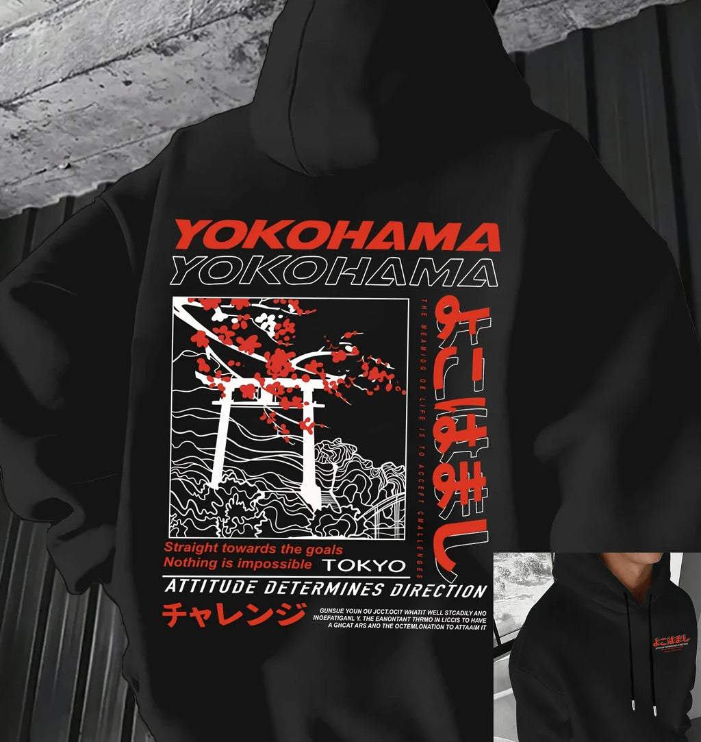 Men's autumn and winter casual fashion loose Tokyo pattern printed long sleeved hooded sweatshirt warm pullover