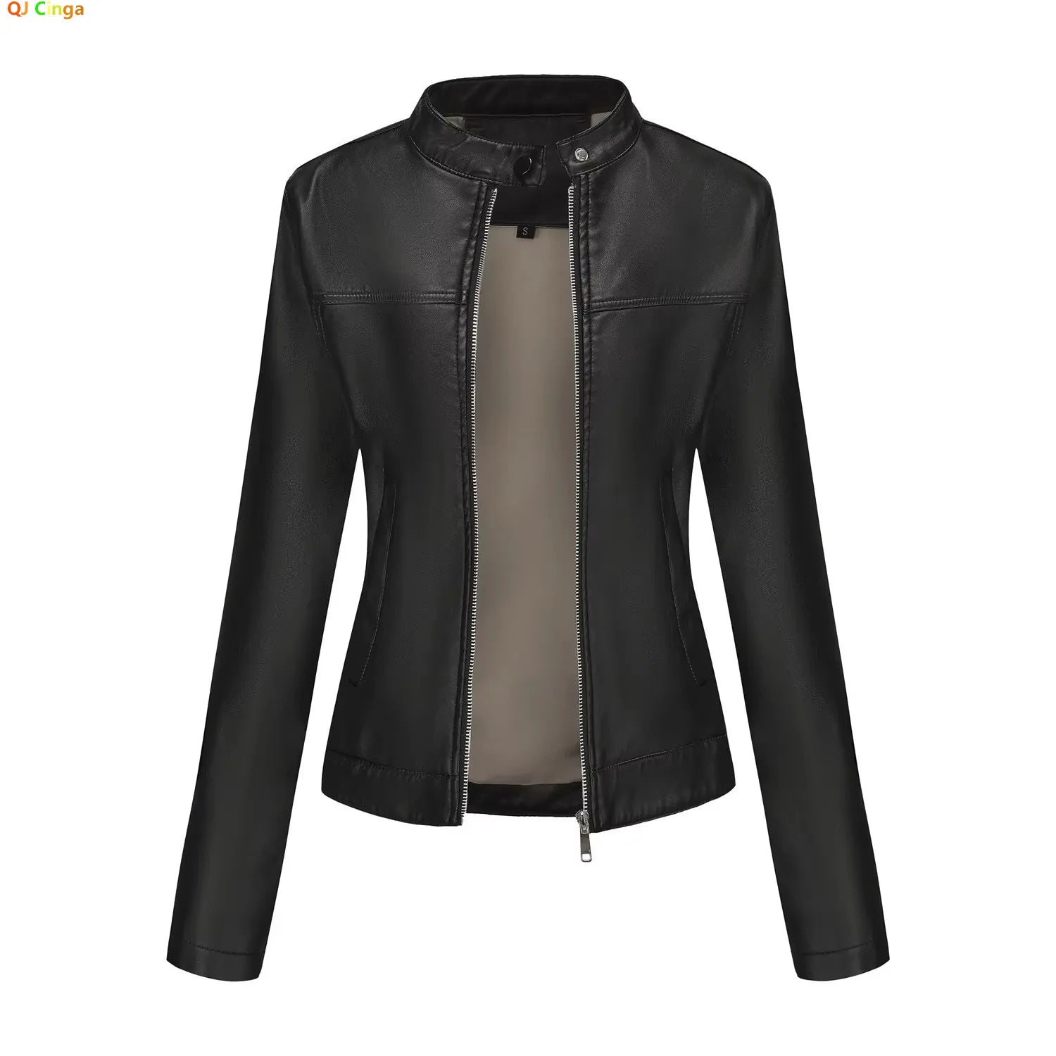 Black Women's Fitted Leather Jacket with Front Zipper & Side Pockets‌, Available in Brown, Navy Blue, and Beige. Main image