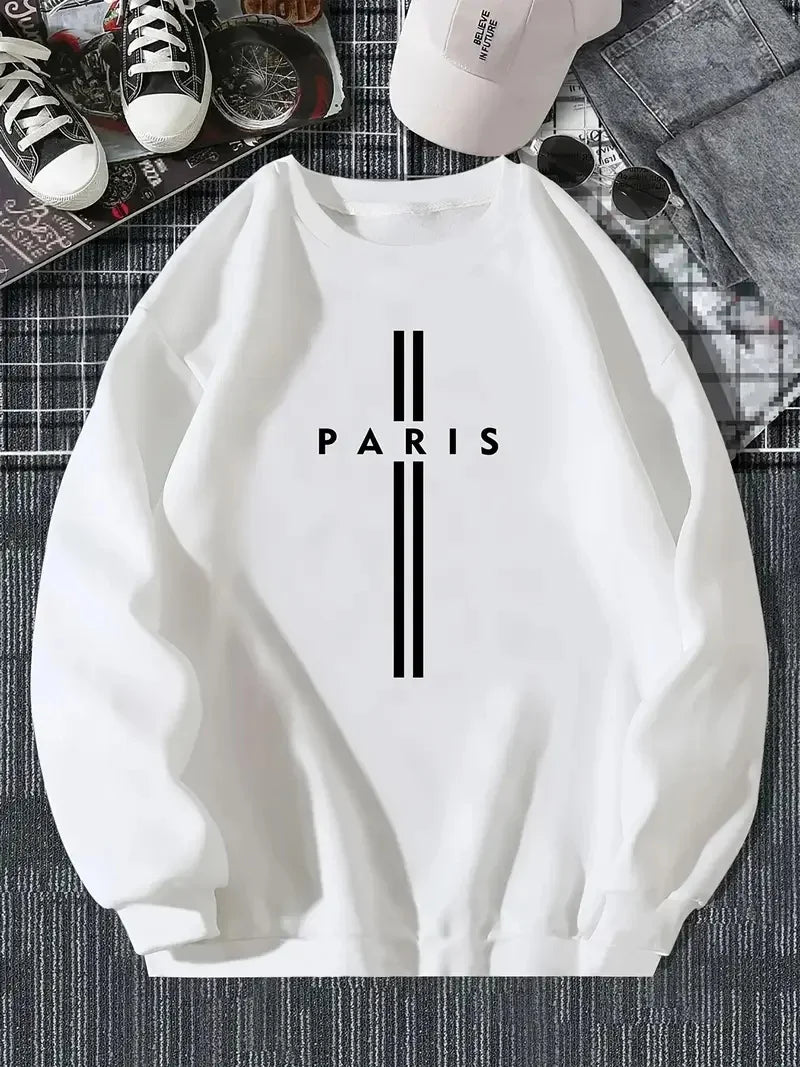 Men's autumn and winter fashionable casual loose Paris letter print fleece pullover long sleeved round neck sweatshirt