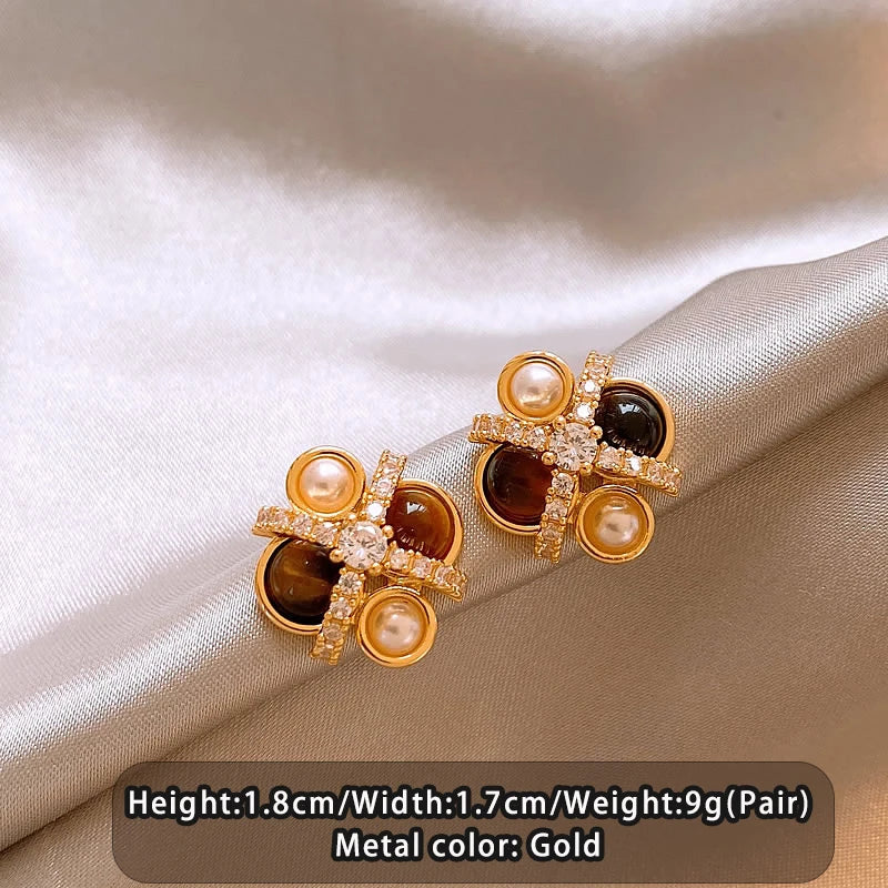 2026 New Design Natural Tiger Eye Stone Micro inlaid Zircon Geometric Earrings for Women's Trendy Jewelry Luxury Accessories